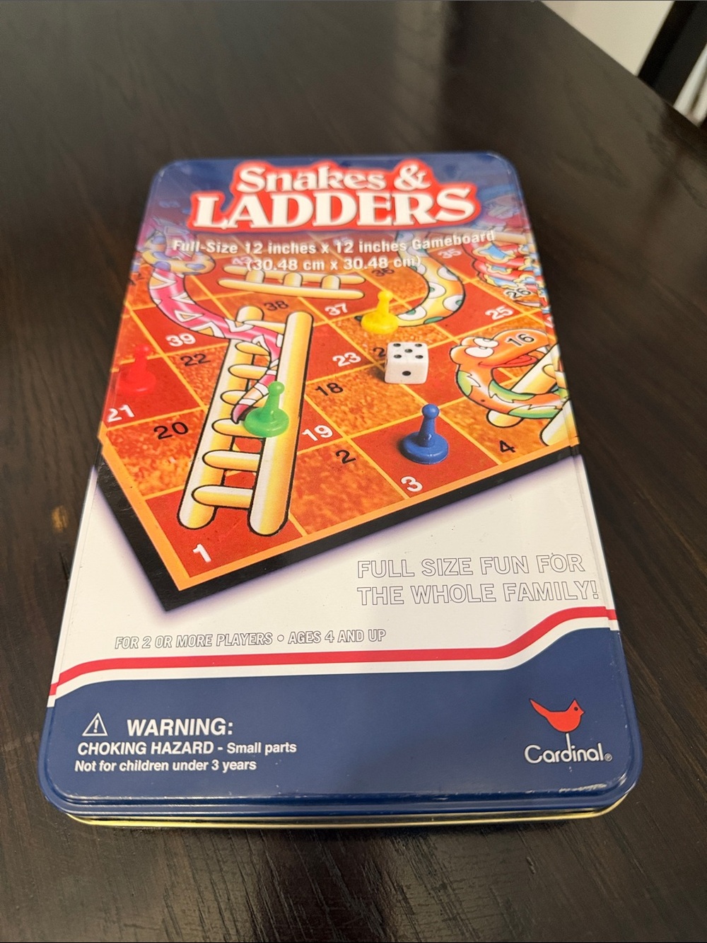 Cardinal Snakes & Ladders Family Game - Red & Blue Tin